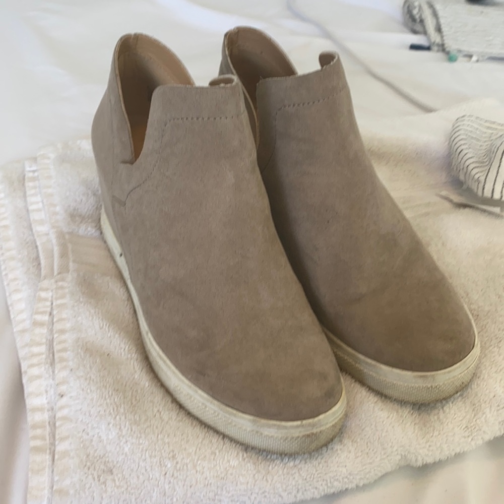 Tan wedge booties